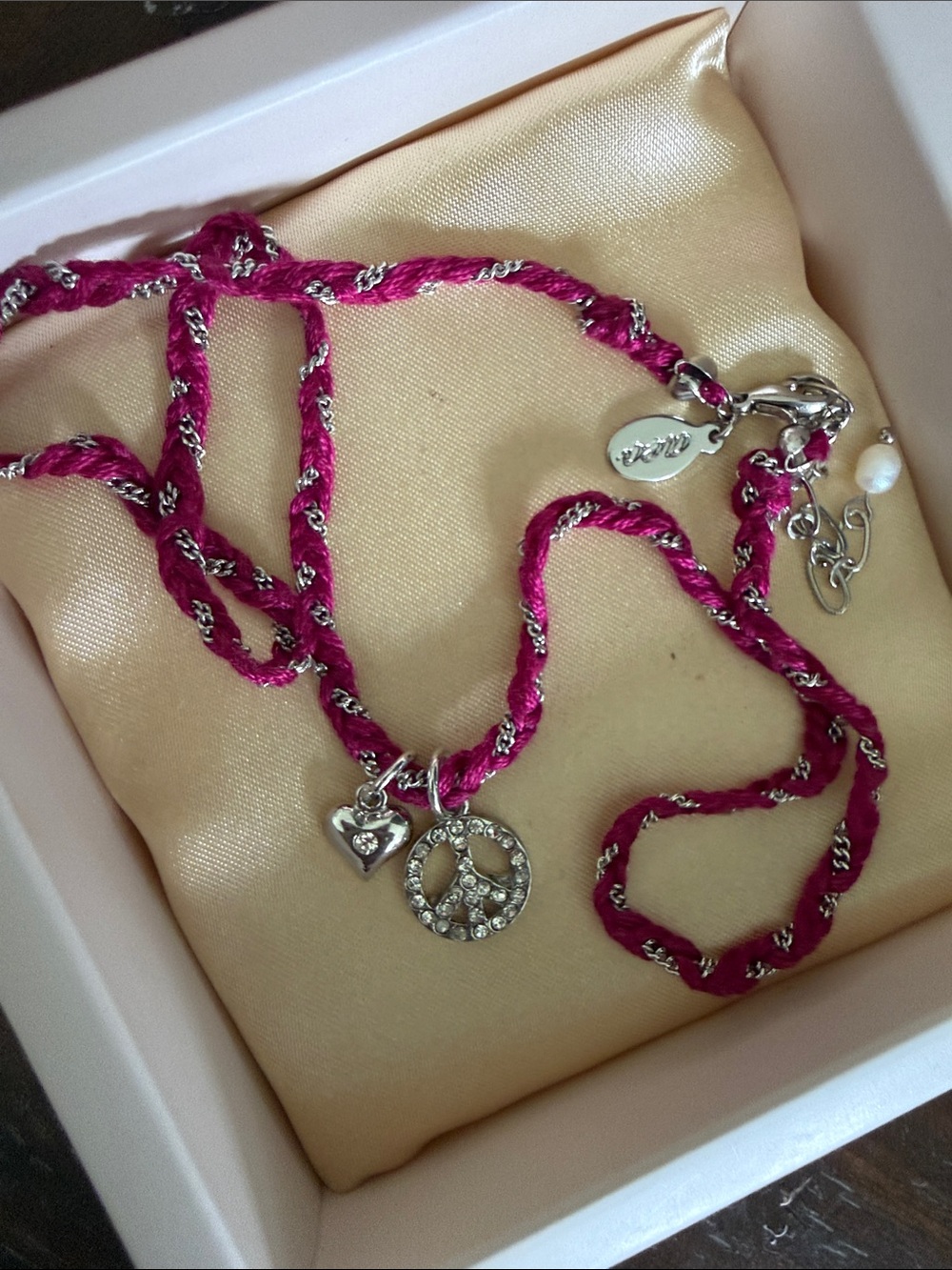 American eagle outfitters Pink Braided Necklace with Crystal Peace & Heart Charm
